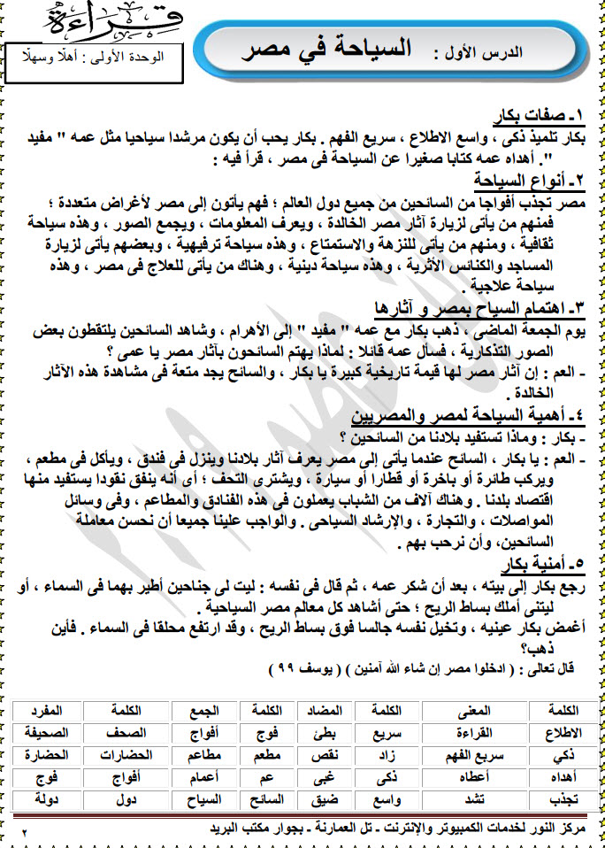 مذكرة لغة عربية للصف الرابع الابتدائي ترم أول 2020
